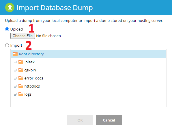 import dump in plesk